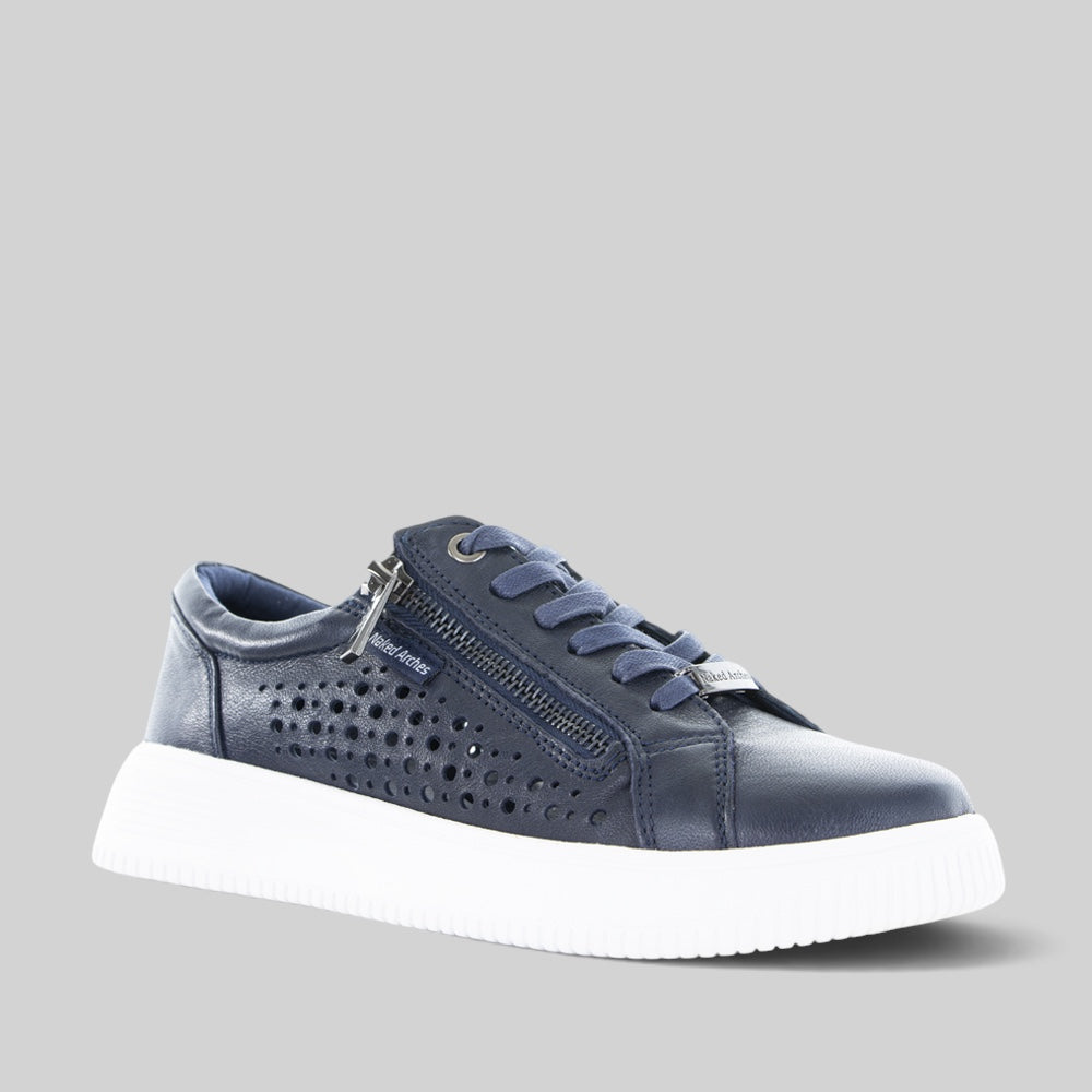 Naked Arches Noble Navy sneakers with navy blue upper, white sole, and stylish lacing detail.