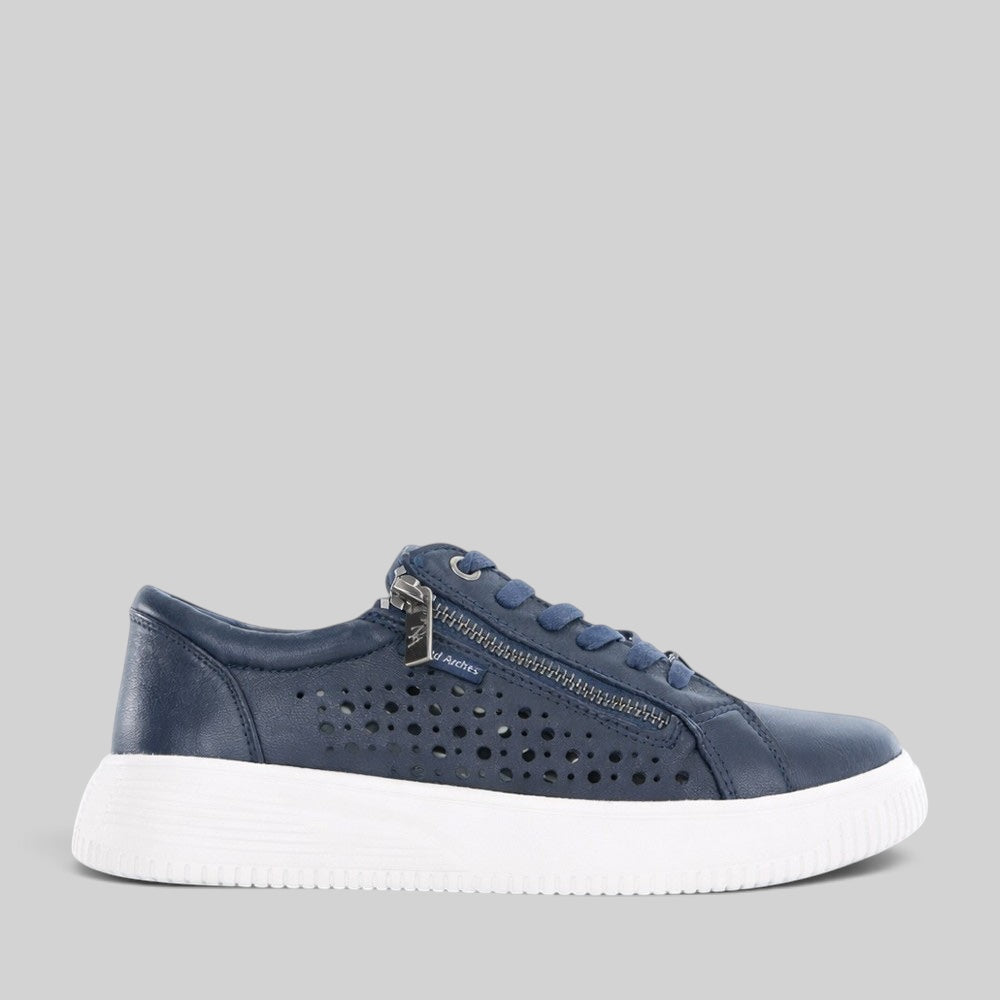 Naked Arches Noble Navy sneakers with navy blue and white design, featuring breathable fabric and stylish athletic look.