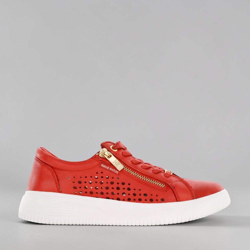 Naked Arches Noble Red sneakers with red and white design, featuring lace-up closure and athletic style.