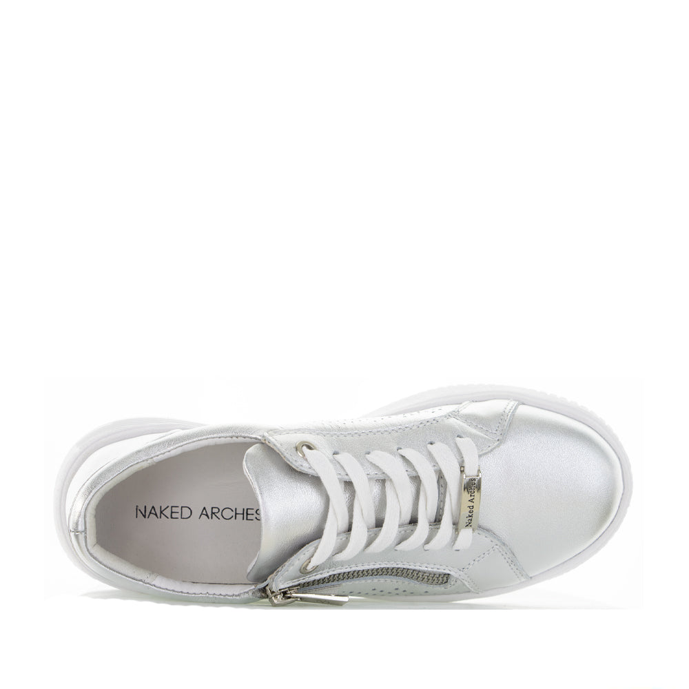 Naked Arches Noble 02 Silver sneakers with sleek silver design and comfortable fit, displayed on a plain background.