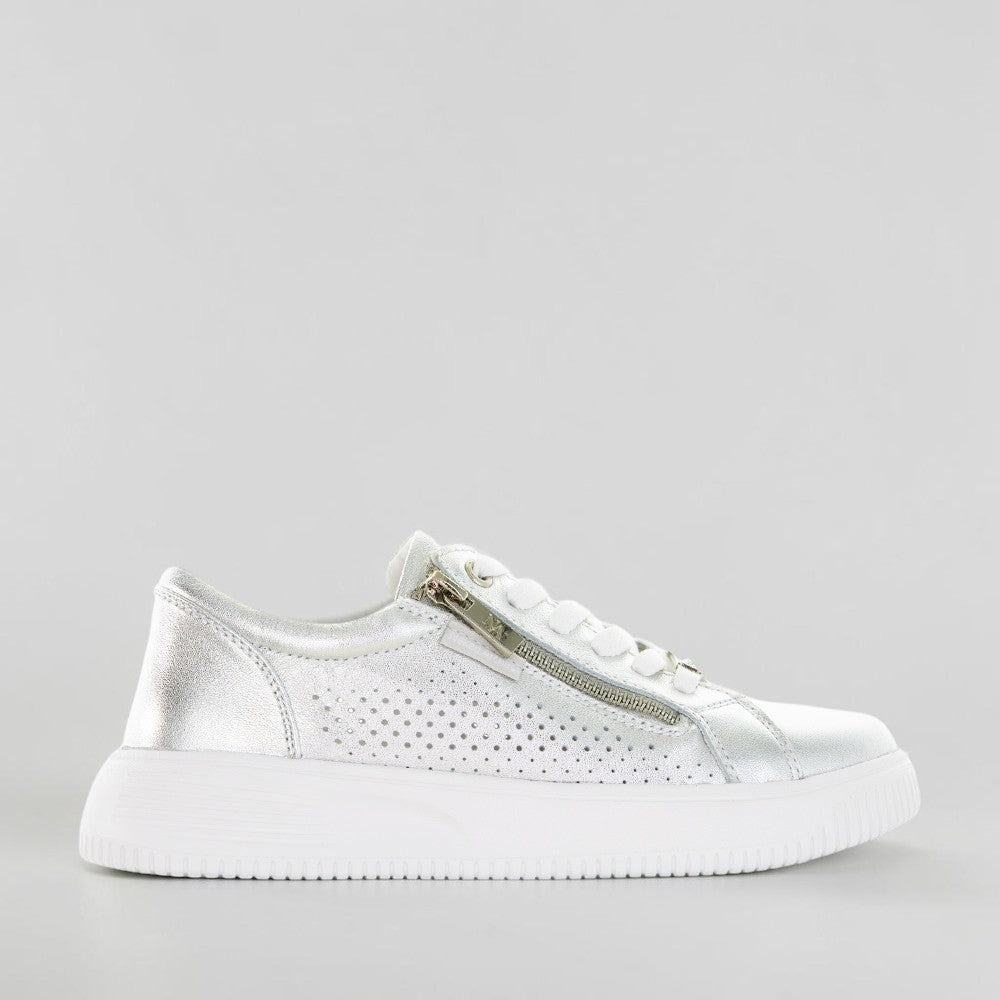 Naked Arches Nelly Silver sneakers with metallic silver finish, stylish casual footwear, lightweight and comfortable for everyday wear.