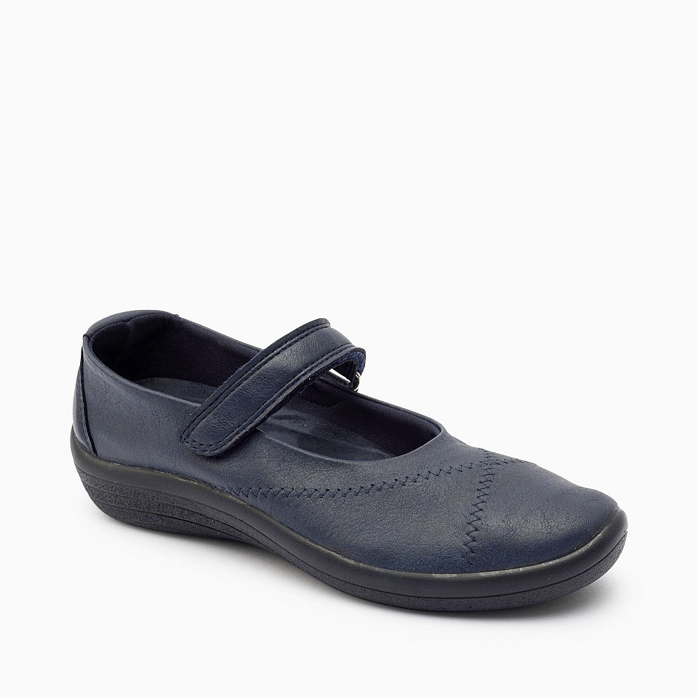 Arcopedico Triglav navy Mary Jane shoes with adjustable straps and comfortable design, shown from the side.