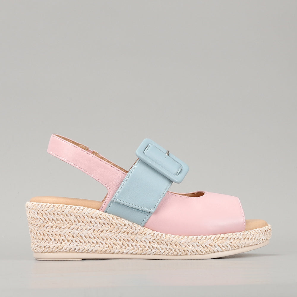 Le Sansa Parola pink blossom and baby blue sandals with floral design, featuring open toes and adjustable straps.