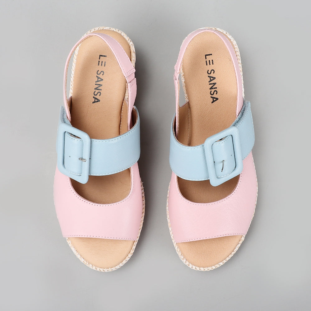 Le Sansa Parola pink blossom and baby blue sandals with floral design, showcasing stylish summer footwear for women.