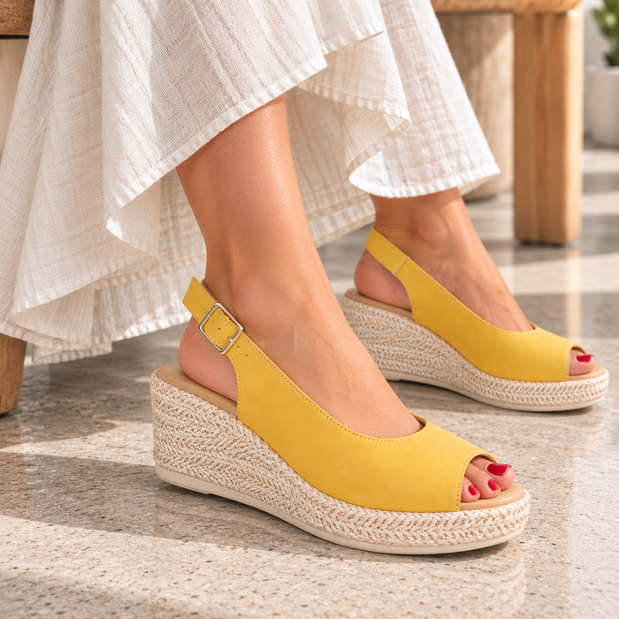 Le Sansa Petunia Mustard sandals with open-toe design and ankle straps, featuring vibrant mustard yellow color.