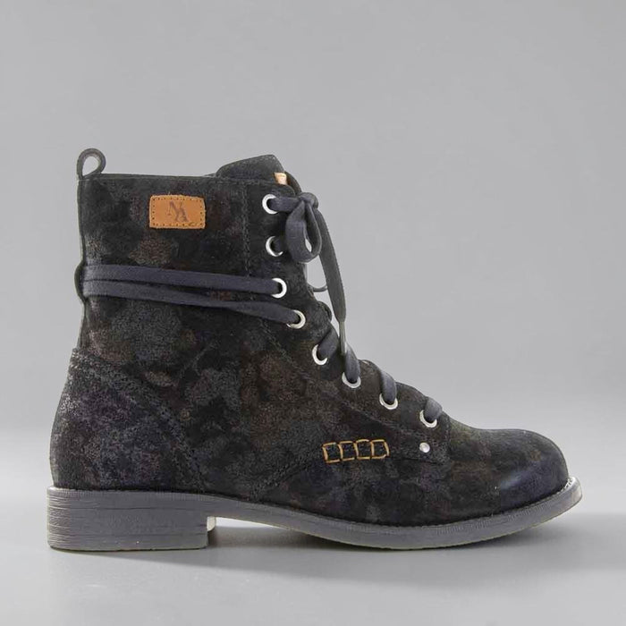 Le Sansa black printed boots with pink accents, showcasing stylish ankle-high design and intricate pattern details.
