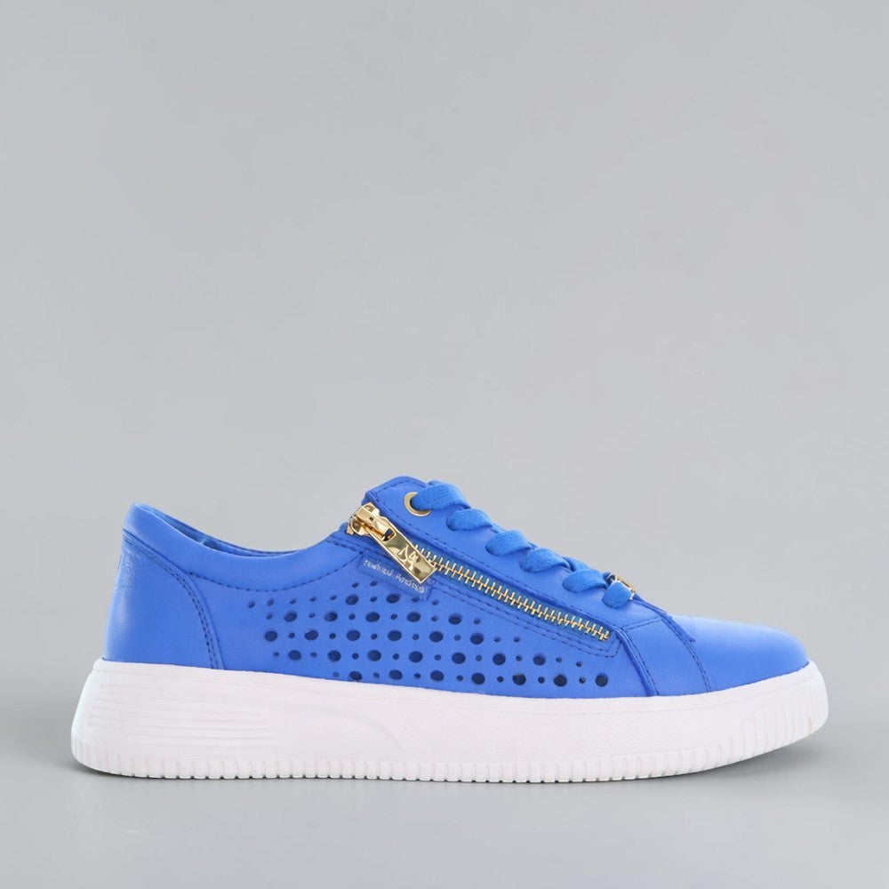 Naked Arches Noble Royal Blue sneakers with sleek design and vibrant blue color, showing the stylish footwear from the side view.