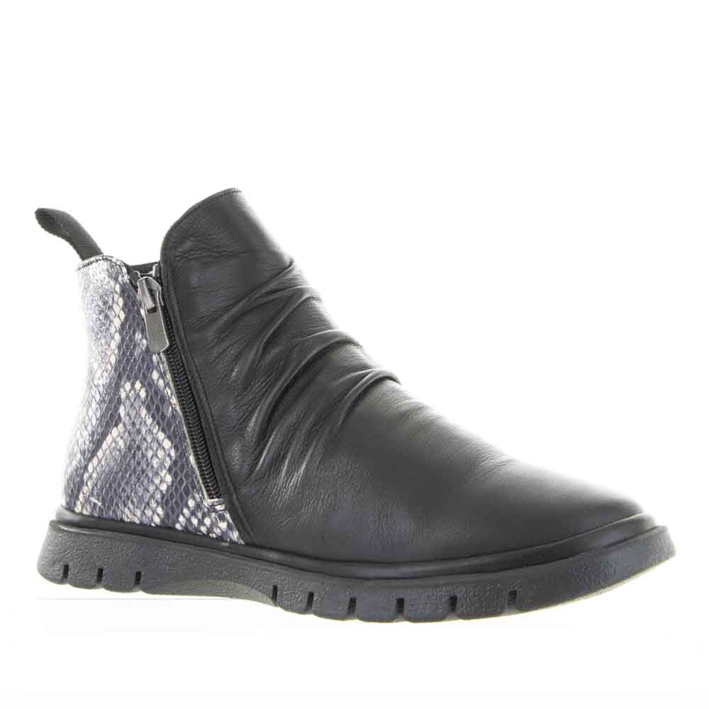Le Sansa Lesansa Rubel black snake print boots with pointed toes and ankle-high design.