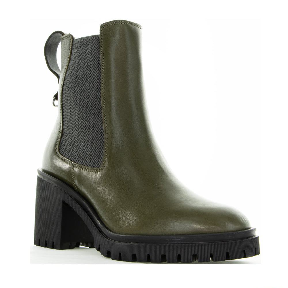 Le Sansa Samira Olive boots featuring ankle-high design, soft olive green leather, and stylish stitching details.