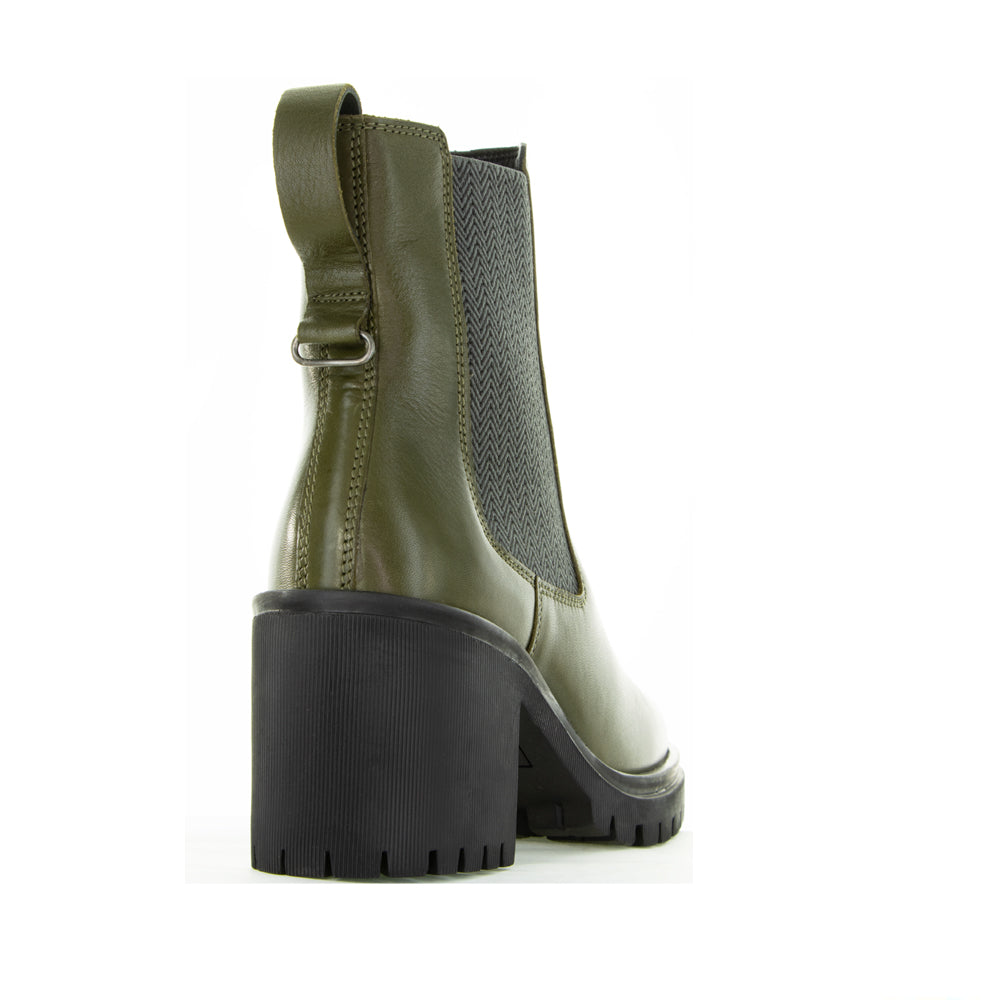 Le Sansa Samira Olive boots featuring ankle-high design, olive green color, and stylish leather construction.