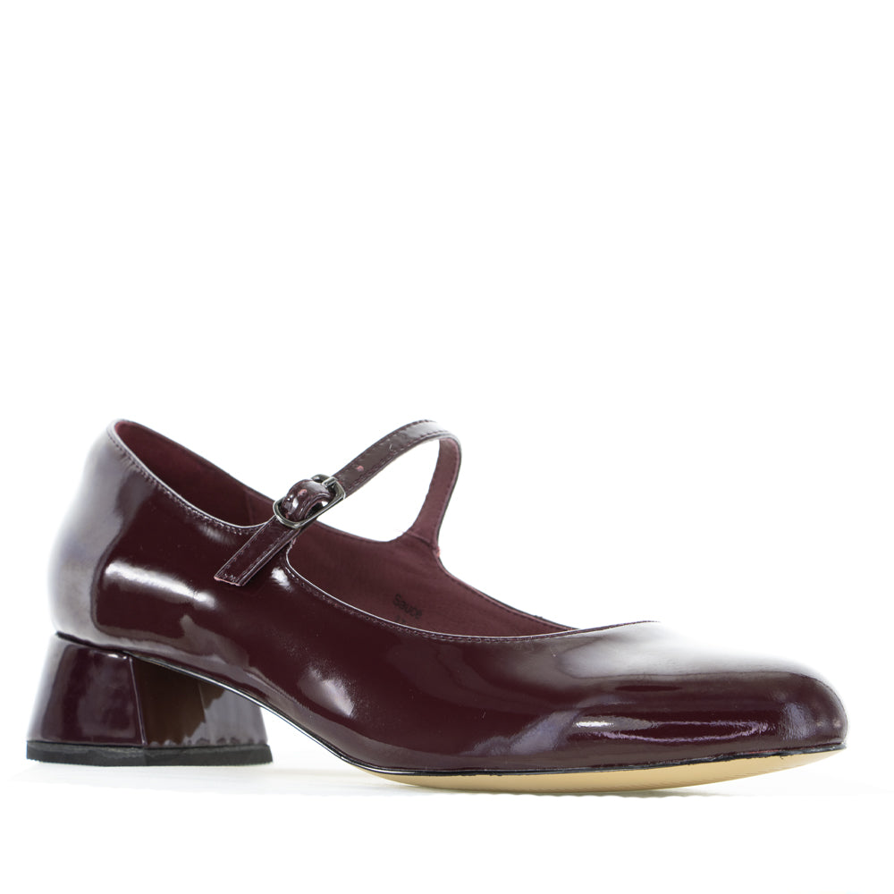 Naked Arches Merlot Patent Sandals with sleek, shiny merlot-colored straps and open-toe design.
