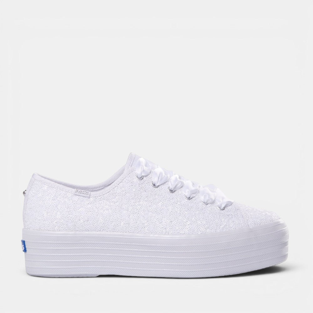 KEDS Triple Up Sequin Sneakers in white with sparkling sequins, stylish casual footwear for women.
