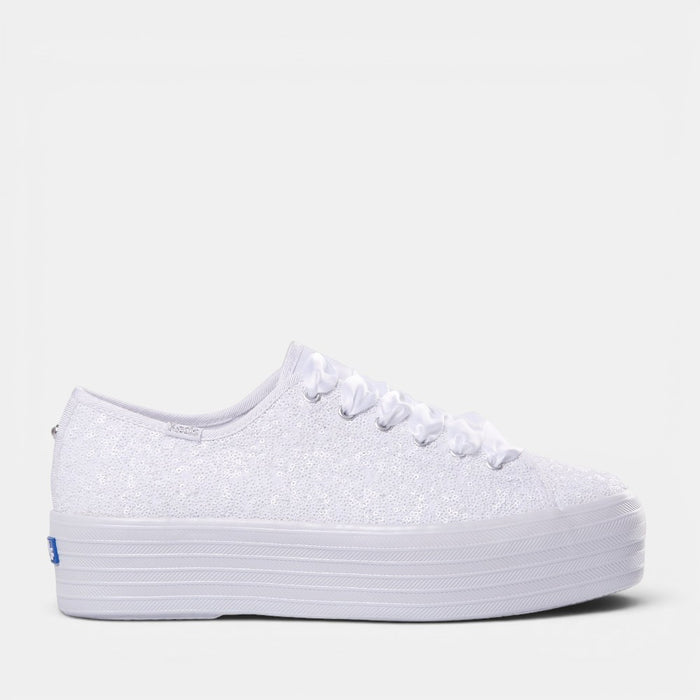 KEDS Triple Up Sequin Sneakers in white with sparkling sequins, stylish casual footwear for women.