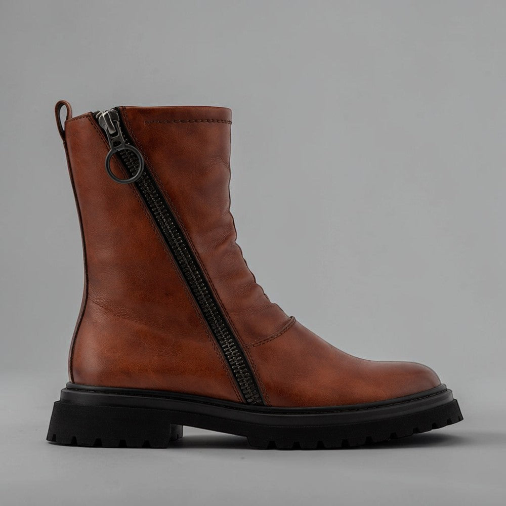 EOS Skarlet Brandy boots, stylish ankle-length leather boots with buckle accents and a chunky heel, in a rich brown color.