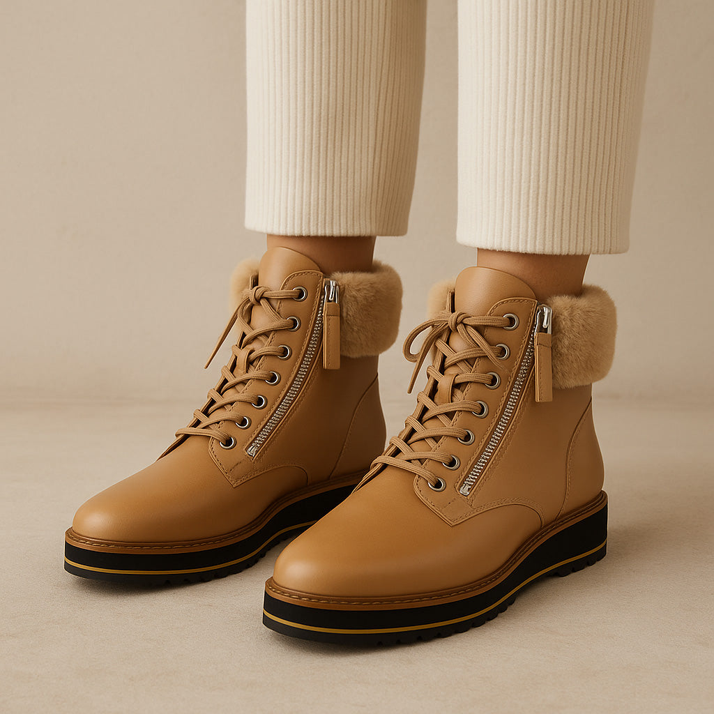 Le Sansa Lesansa Snap Tan boots featuring a sleek design and tan leather finish, perfect for casual and stylish wear.