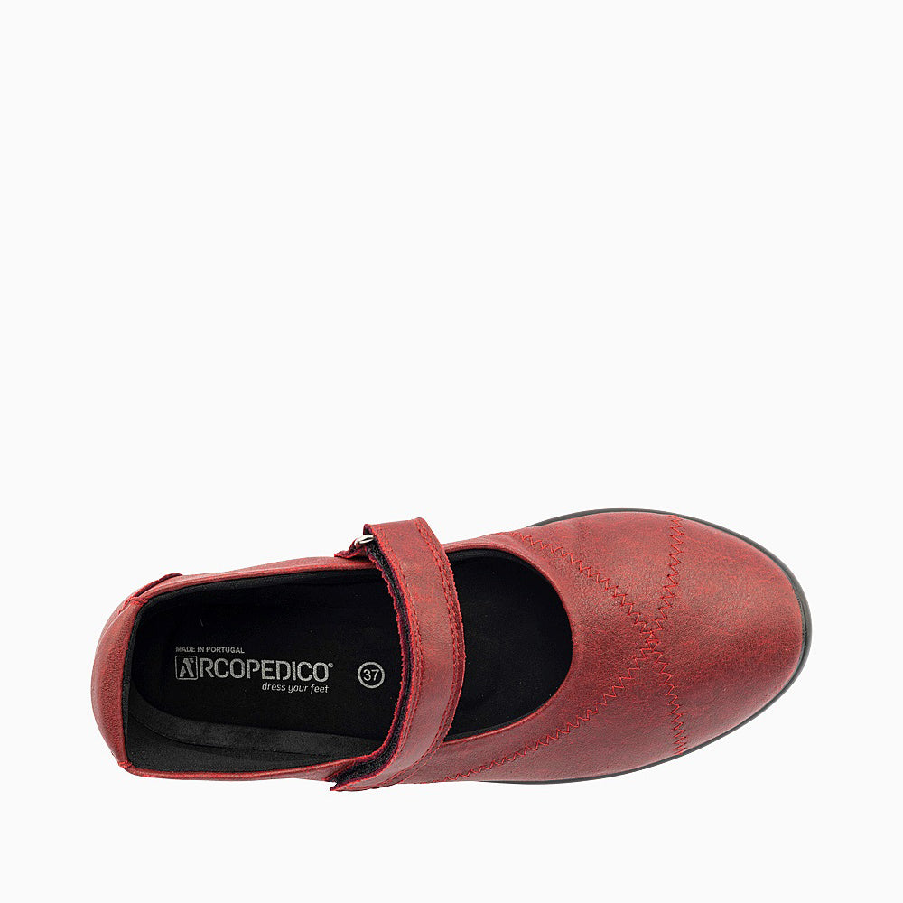 Arcopedico Triglav Cherry Mary Jane shoes featuring a sleek design and cherry-colored fabric, with comfortable straps and stylish appearance.