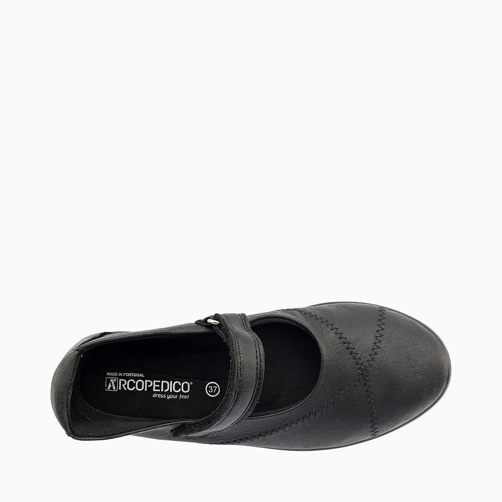 Black Arcopedico Triglav Mary Jane shoes with comfortable design and adjustable straps, showcased on a neutral background.