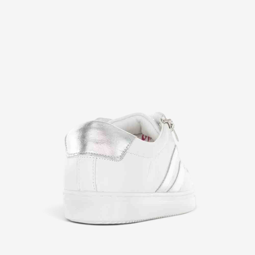 CABELLO Ultimate White Silver sneakers with sleek design and silver accents, showcasing the stylish footwear from the side view.