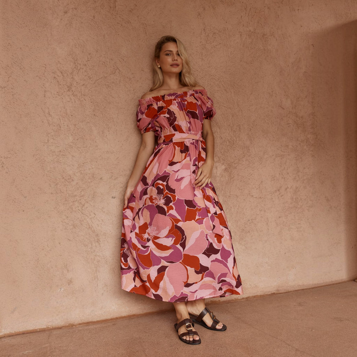SASS JO OFF SHOULDER PEONY PRINT PINK DRESS