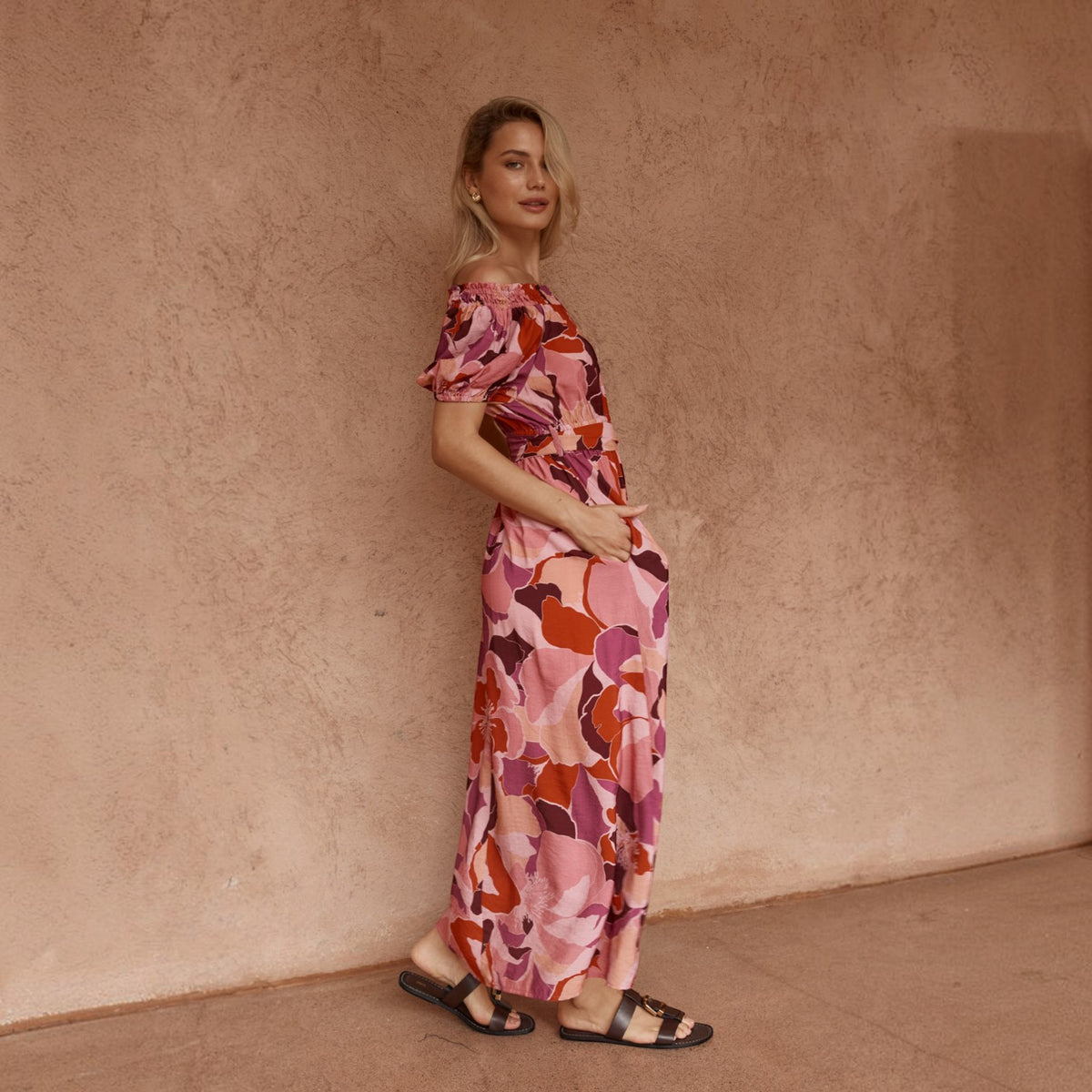 SASS JO OFF SHOULDER PEONY PRINT PINK DRESS