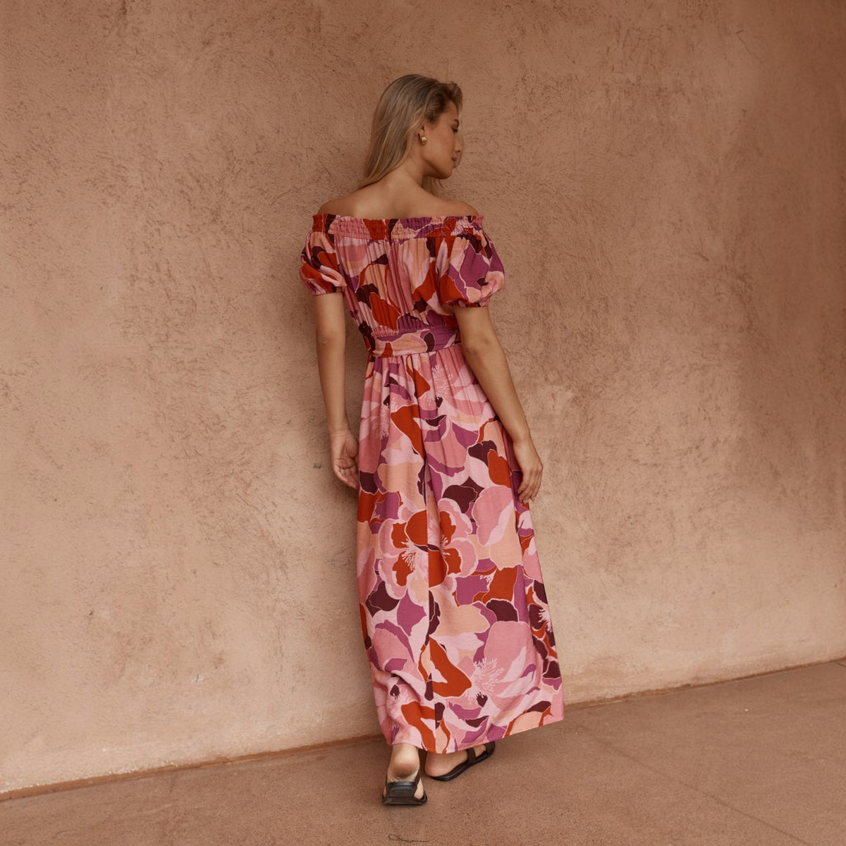 SASS JO OFF SHOULDER PEONY PRINT PINK DRESS