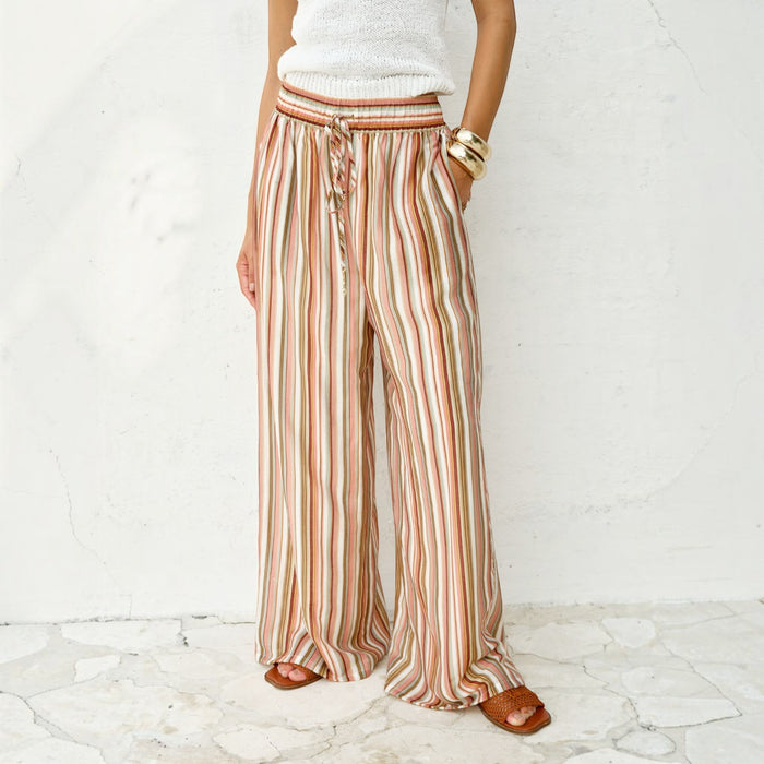 Sass Clothing Elysia Sandbar Stripe Pants featuring a relaxed fit and horizontal stripe pattern in neutral tones.