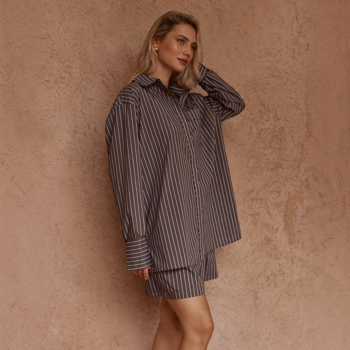SASS MARTY PIPED STRIPE CHOCO BROWN SHIRT