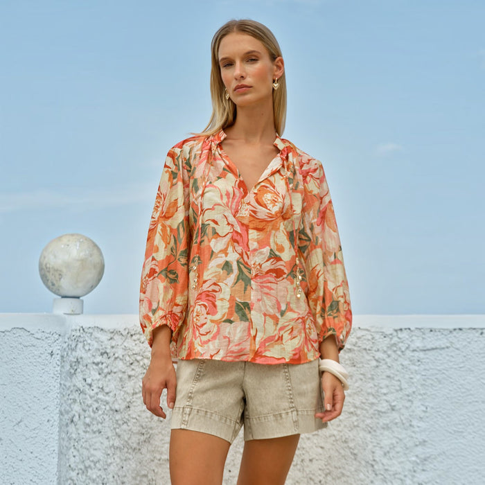 Sass Clothing SASS SHAE split neck petal blouse in soft fabric, featuring a stylish V-neck and floral petal details.