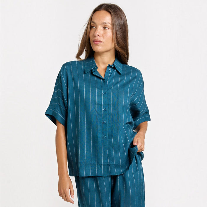 Sass Clothing Ophelia teal and white striped blouse with blue accents, casual top with a relaxed fit and button details.