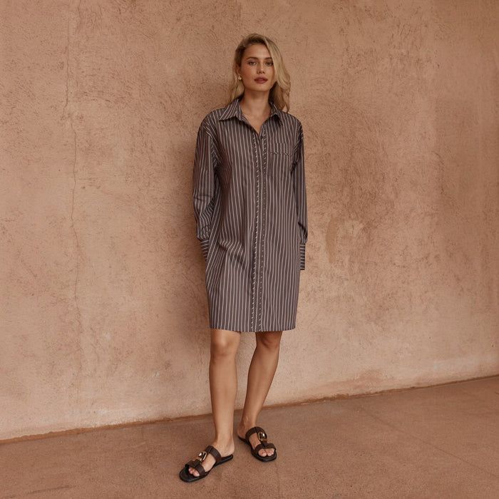 Sass Clothing SASS MEL Stripe Chocolate Shirt Dress featuring a stylish striped pattern and classic shirt dress design.