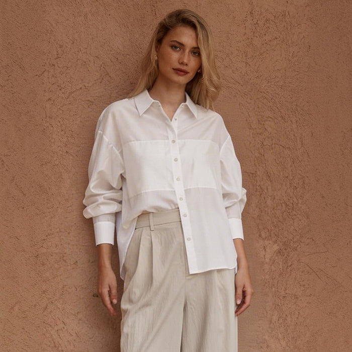 White oversized SASS VAL shirt from Sass Clothing, featuring a relaxed fit and casual style in a clean, soft fabric.
