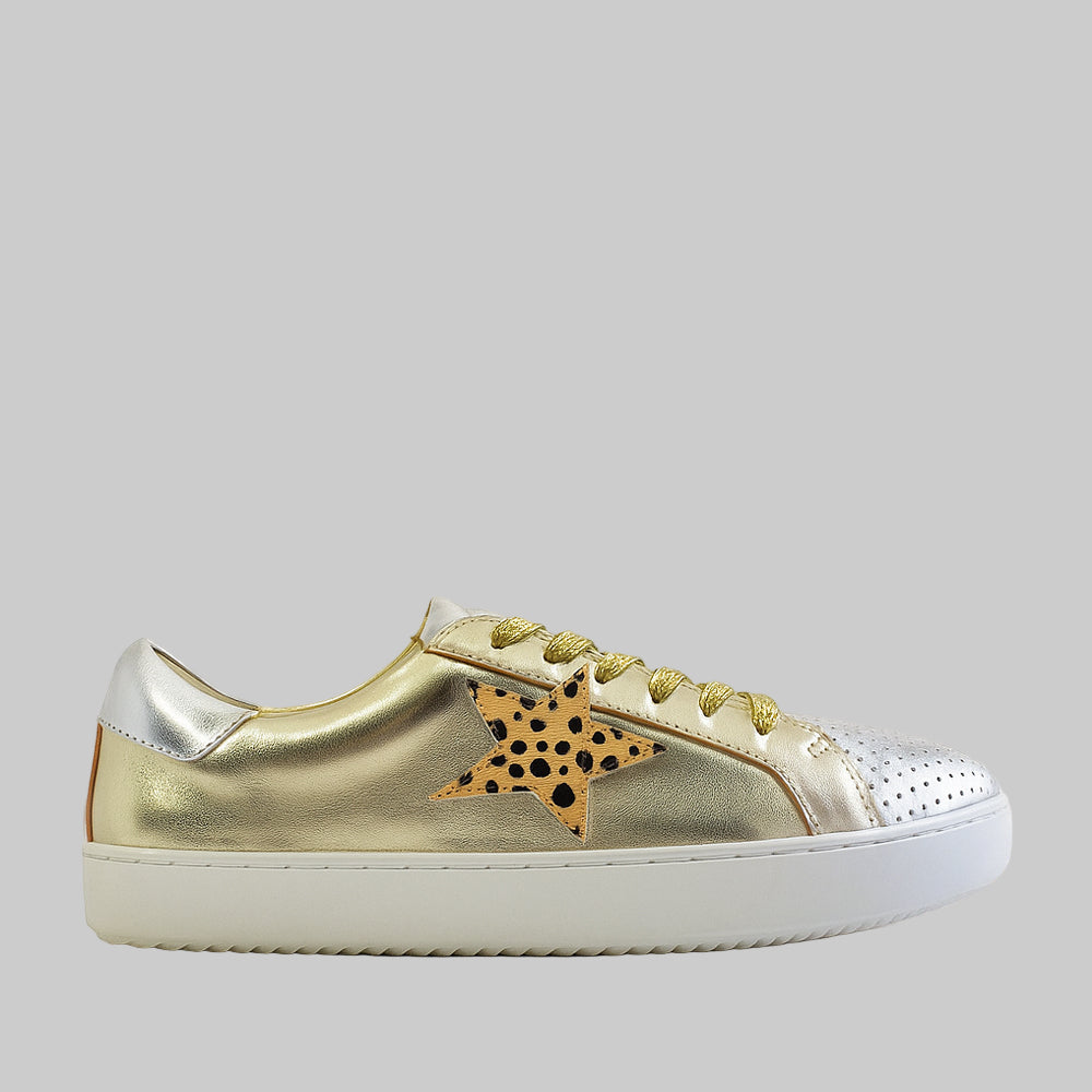 ALFIE & EVIE Valdo Gold Silver sneakers with metallic finish and stylish design, featuring white soles and lace-up closure.