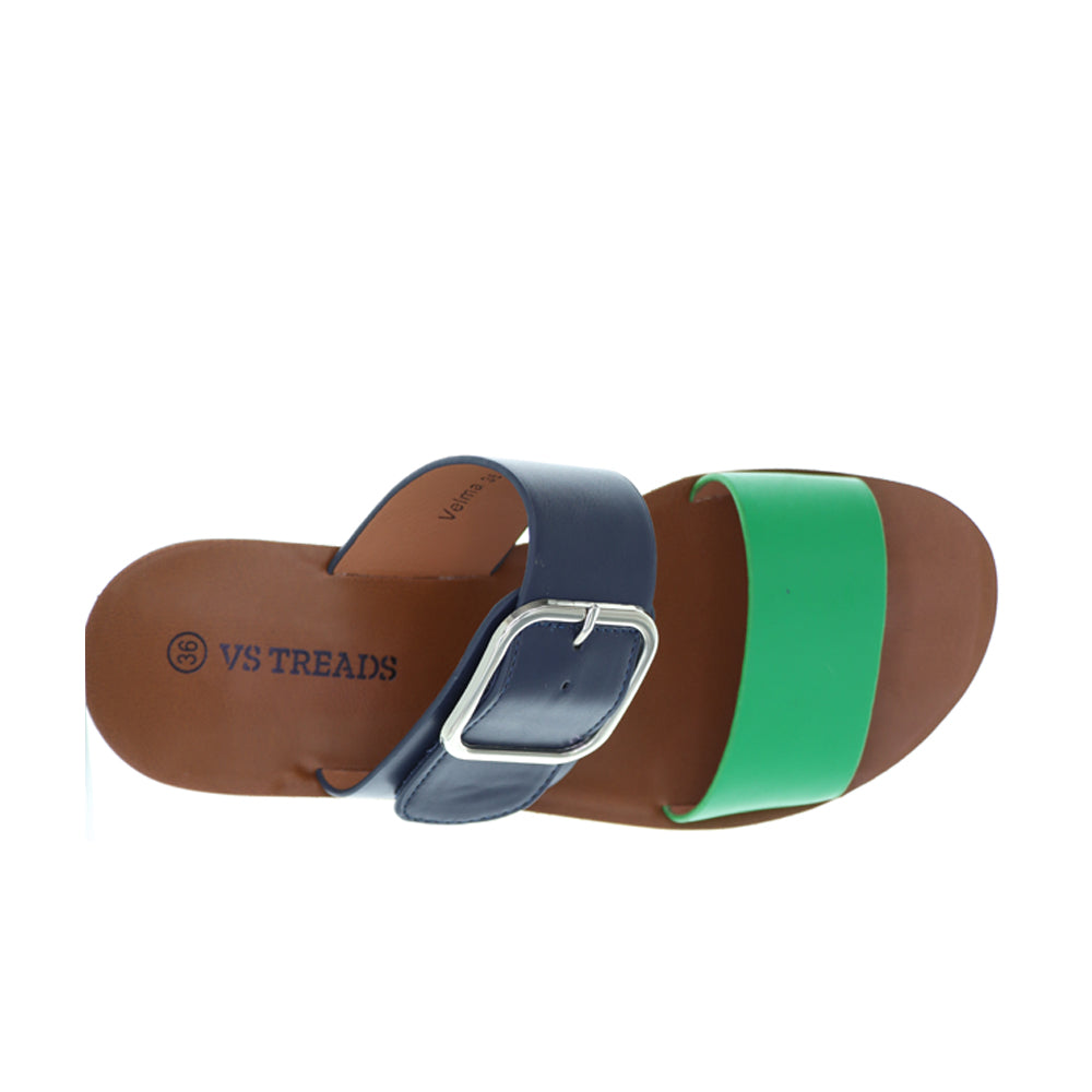 Blue and navy Velma flats by VS Treads with a sleek design, shown from a side angle on a plain background.