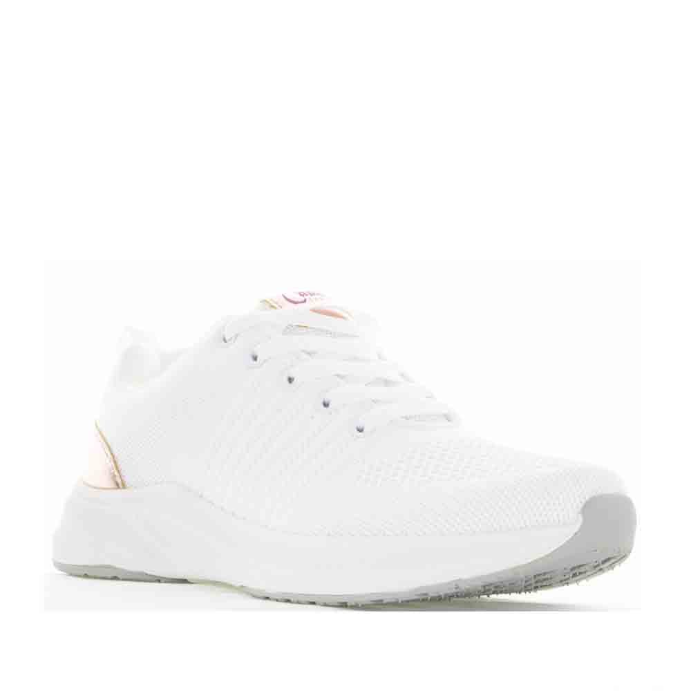 White and rose gold Cabello Walker sneakers with stylish design and white laces, showcased in a close-up view.