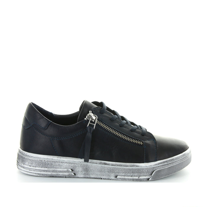 Le Sansa Warren Navy sneakers with navy blue fabric and white sole, featuring lace-up design and casual style.