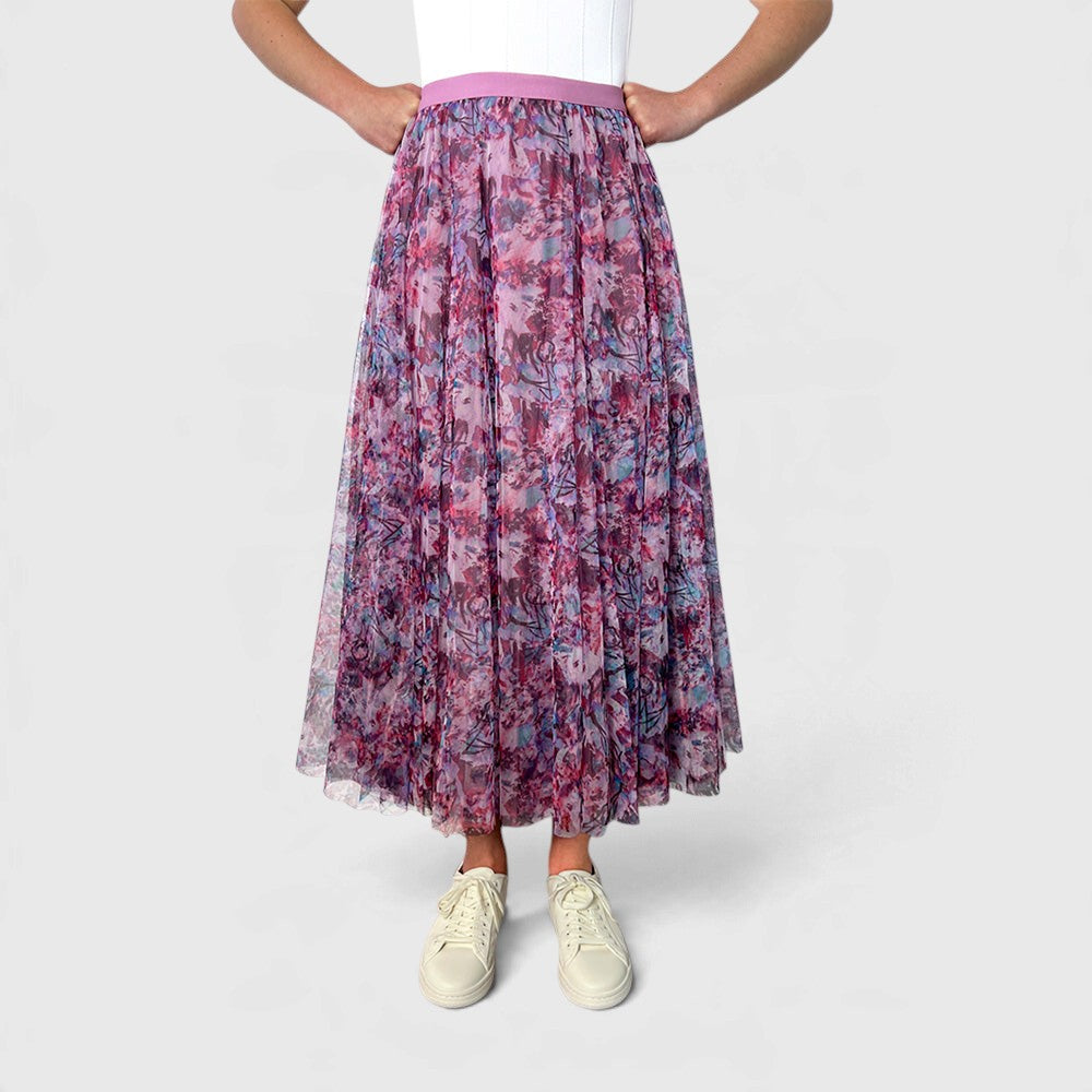 Minx Swan Lake Tulle Skirt in Water Rose with delicate tulle fabric and floral watercolor design, perfect for elegant outfits.