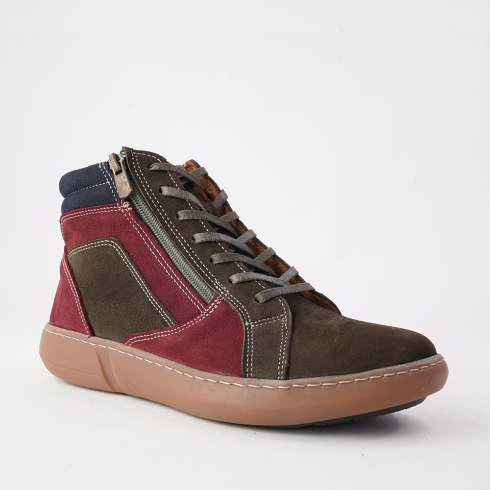 CABELLO Willora Khaki Multi Nuback boots with ankle-high design and textured khaki fabric, stylish and versatile footwear.