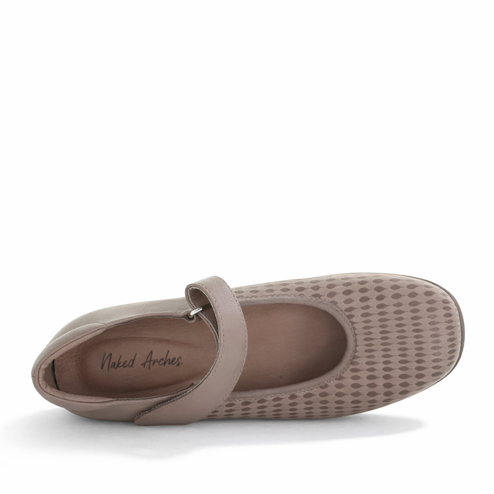 Naked Arches Yaser Taupe casual shoes shown from the front, featuring a sleek taupe design and comfortable slip-on style.