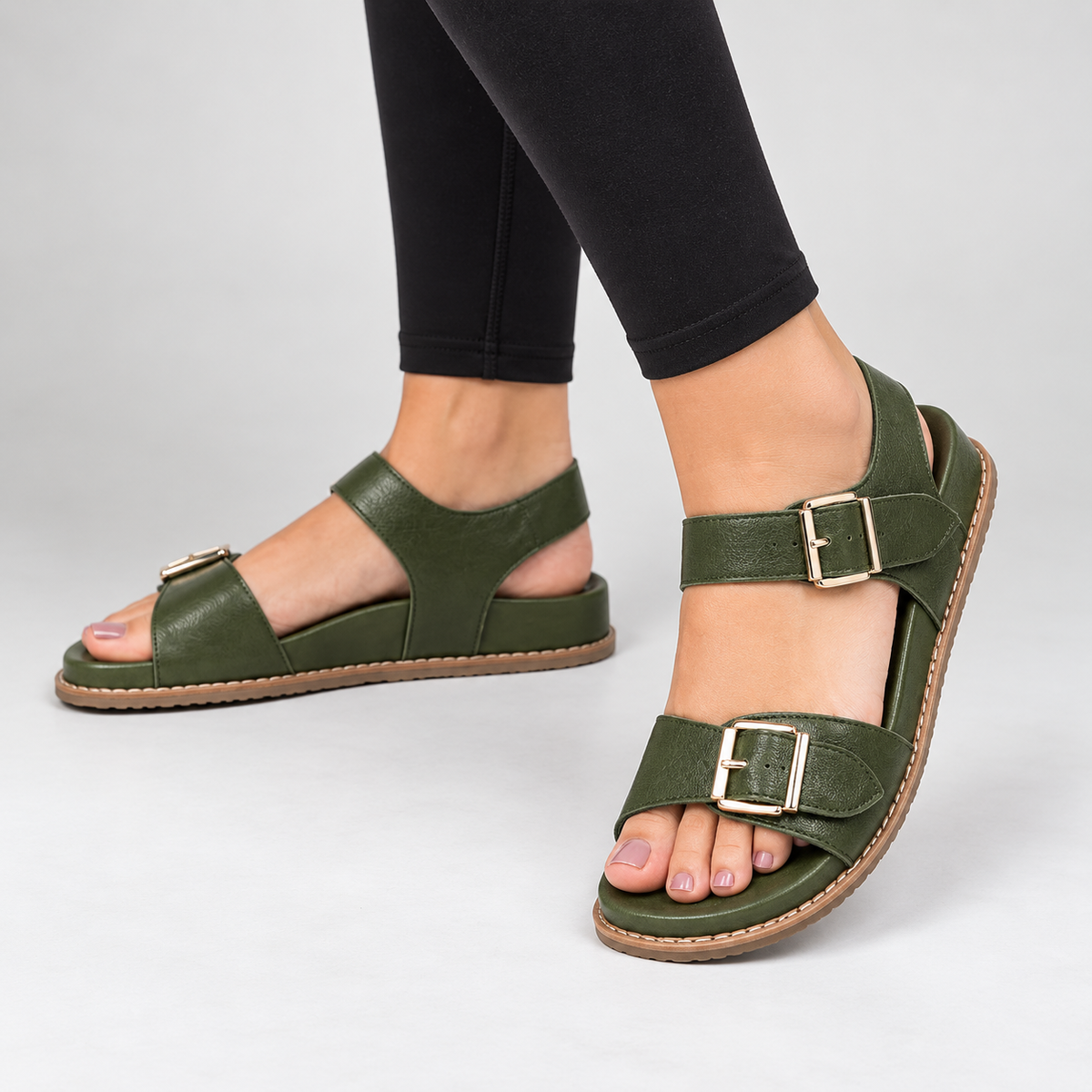 Naked Arches Ziggro DK Olive sandals with khaki straps and open-toe design on a neutral background.