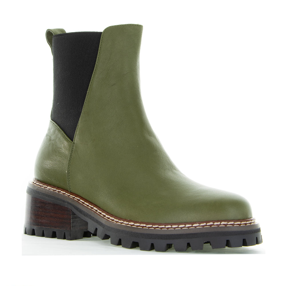 Le Sansa Zina Olive boots featuring a sleek design and olive green color, displayed on a neutral background.