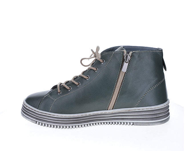 Le Sansa Vivid Grey boots featuring sleek design and ankle-high style with laces and a sturdy sole.