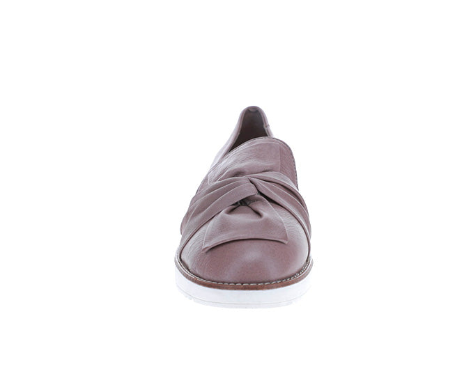 Le Sansa Lesansa Rosie taupe slip-on shoes with soft fabric and comfortable design, shown from a side angle.