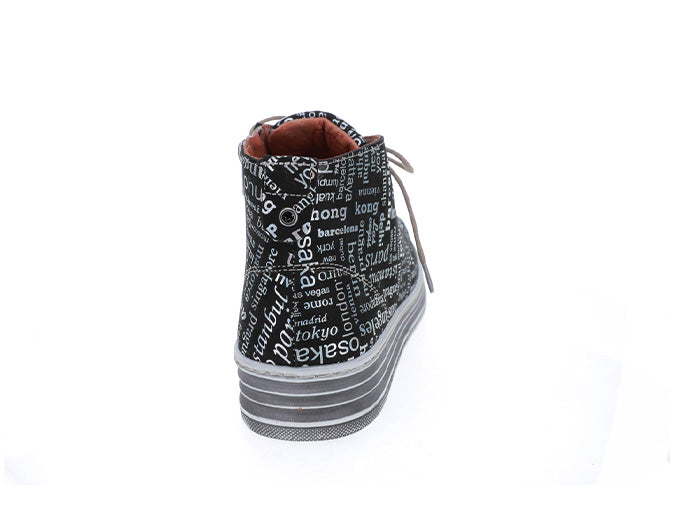 Black leather boots with vivid black print design from Le Sansa, featuring stylish ankle-high silhouette and textured detailing.
