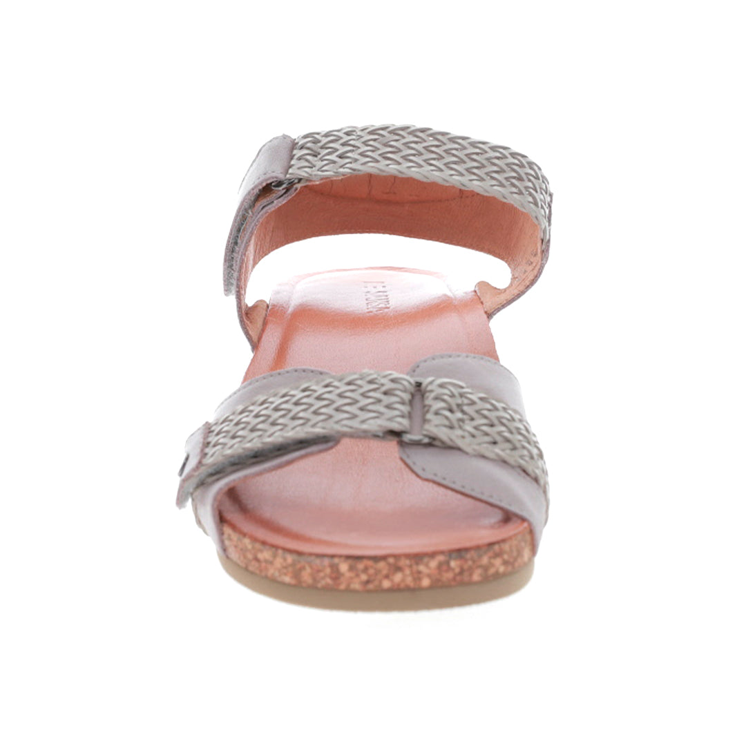 Le Sansa Alexa Stone sandals with tan leather straps and flat sole, stylish and comfortable for casual wear.
