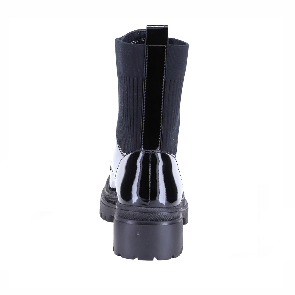 Le Sansa Candy black patent boots with sleek, shiny finish and stylish ankle-length design.