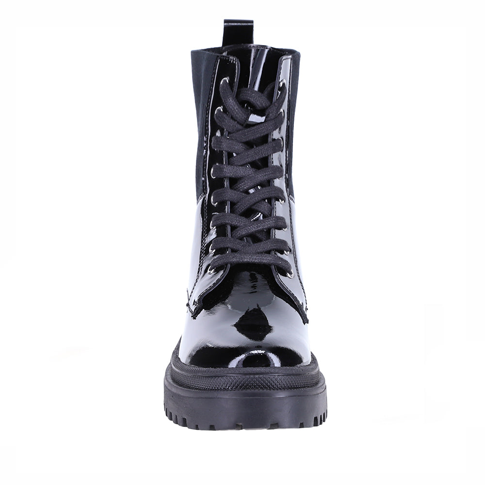 Le Sansa Candy Black Patent Boots with shiny black patent leather and stylish ankle design.