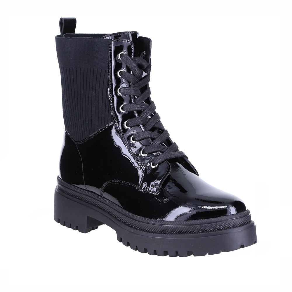 Le Sansa Candy Black Patent Boots featuring shiny black patent leather and sleek design.