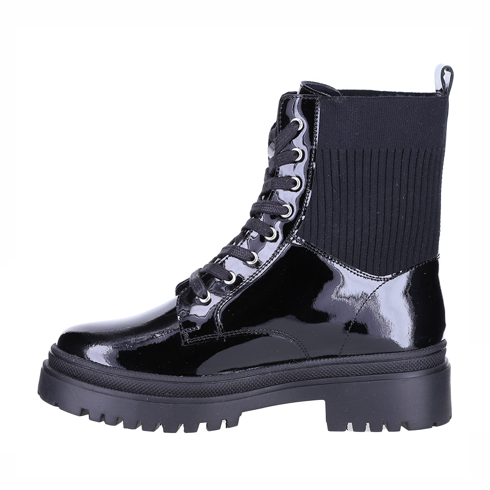 Le Sansa Candy Black Patent boots showing shiny black patent leather with sleek, stylish design and pointed toes.