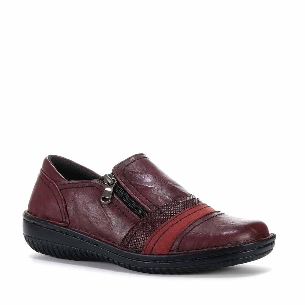 Cabello dark burgundy boots with crinkle leather texture, stylish women's footwear with a sleek design.