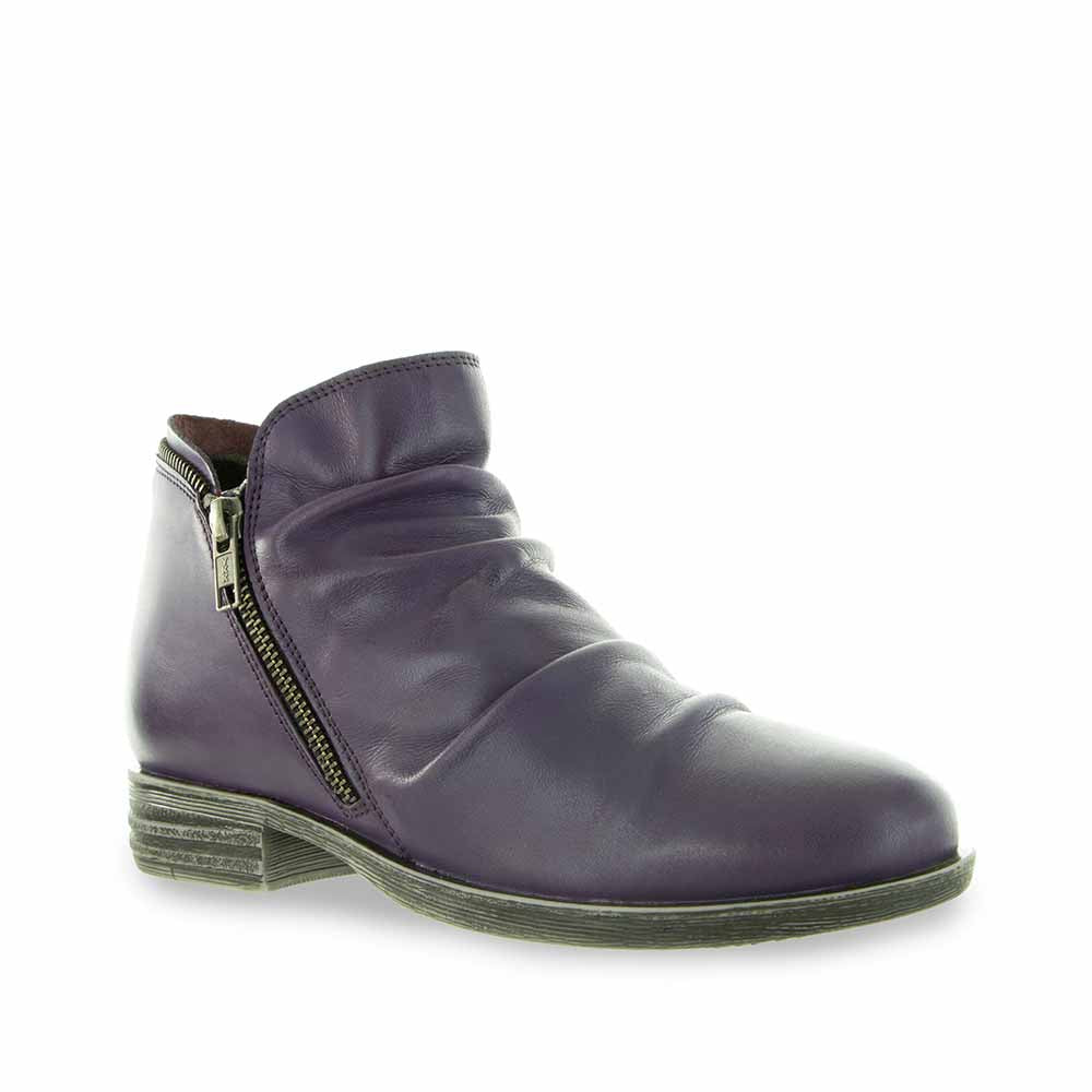 Le Sansa purple lemon-themed boots featuring vibrant yellow and purple design, stylish ankle-height footwear with decorative details.